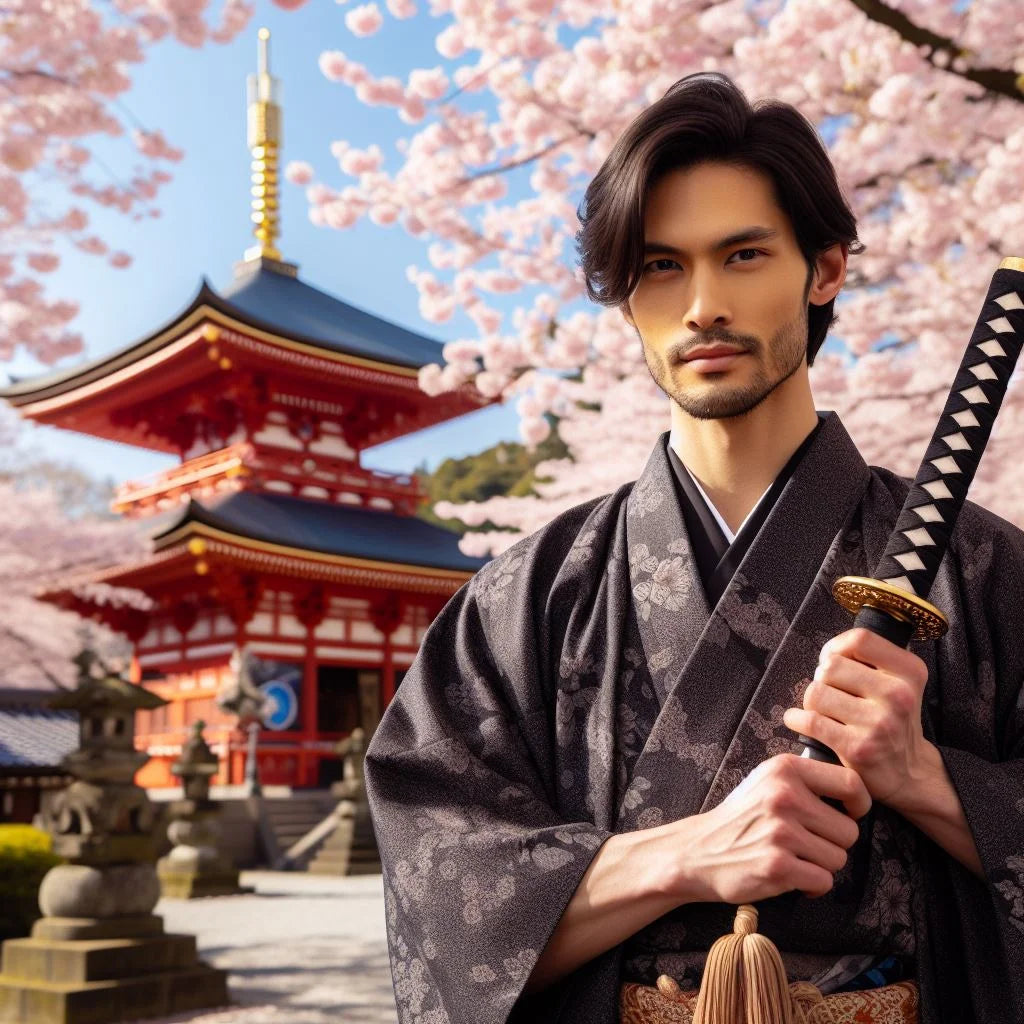 man wearing a japanese traditional kimono in front of a japan temple