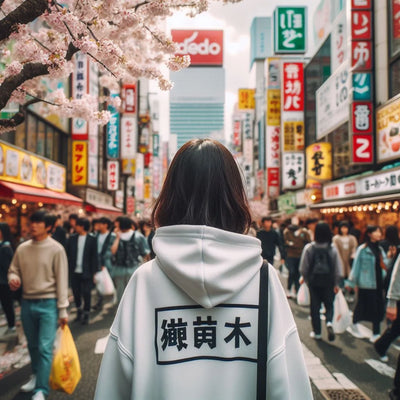 japanese woman in japanese street wearing japanese hoodie