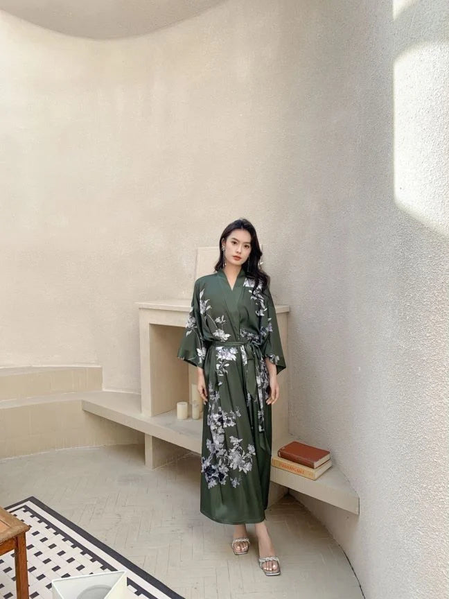 green japanese silk kimono dressing gown