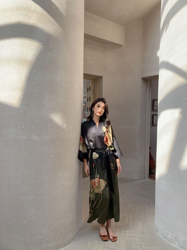 woman with a japanese cotton dressing gown