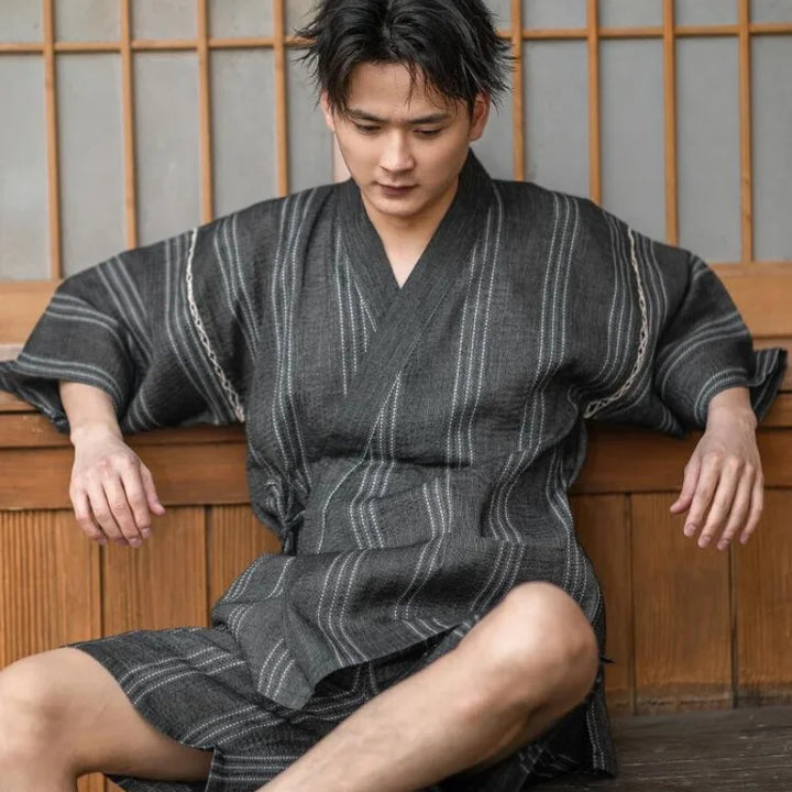 details of mens short kimono robe