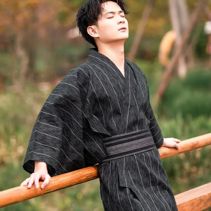 man wearing striped yukata