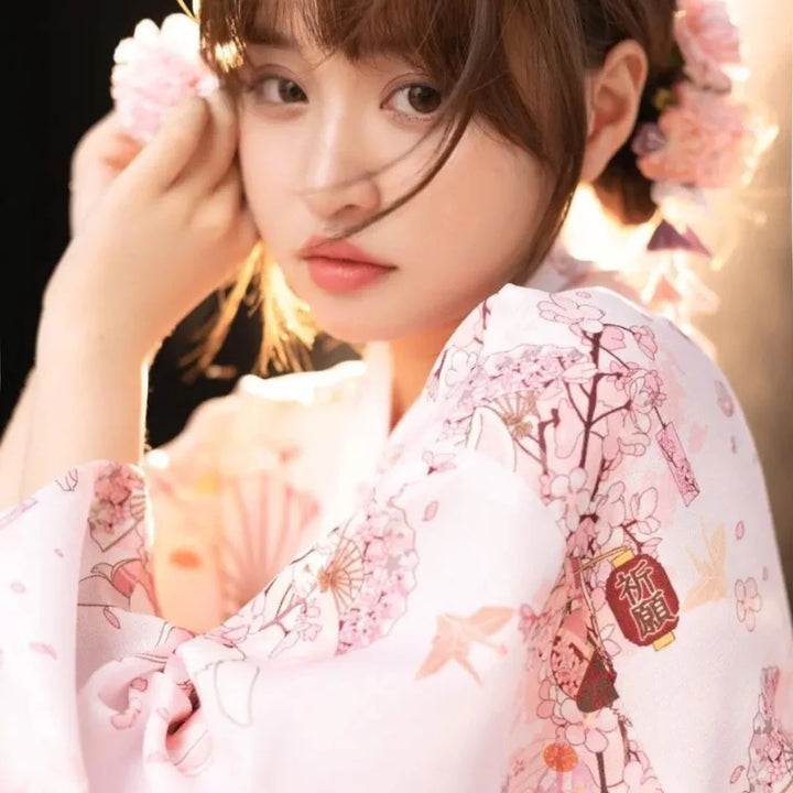 shy woman with a floral kimono robe