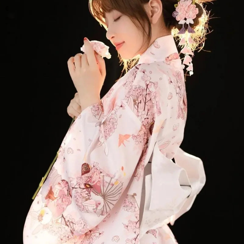 happy woman with a floral kimono robe