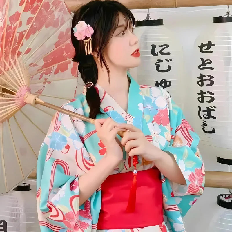 woman wearing blue japanese kimono