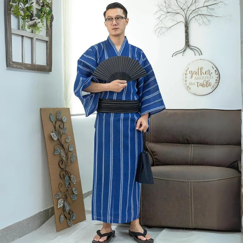 blue and white striped kimono