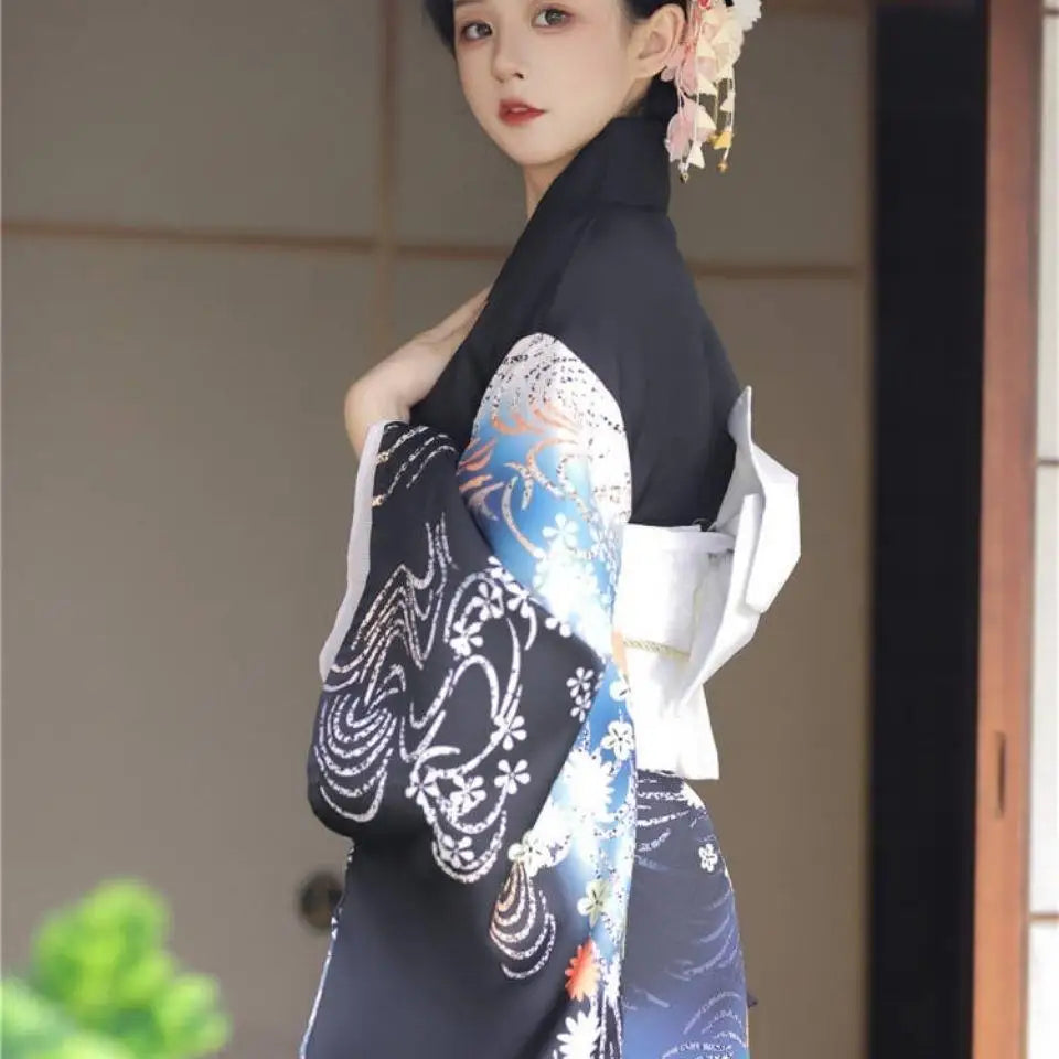 woman wearing black japanese kimono robe