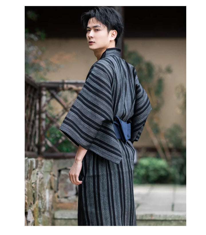 man wearing japanese grey yukata