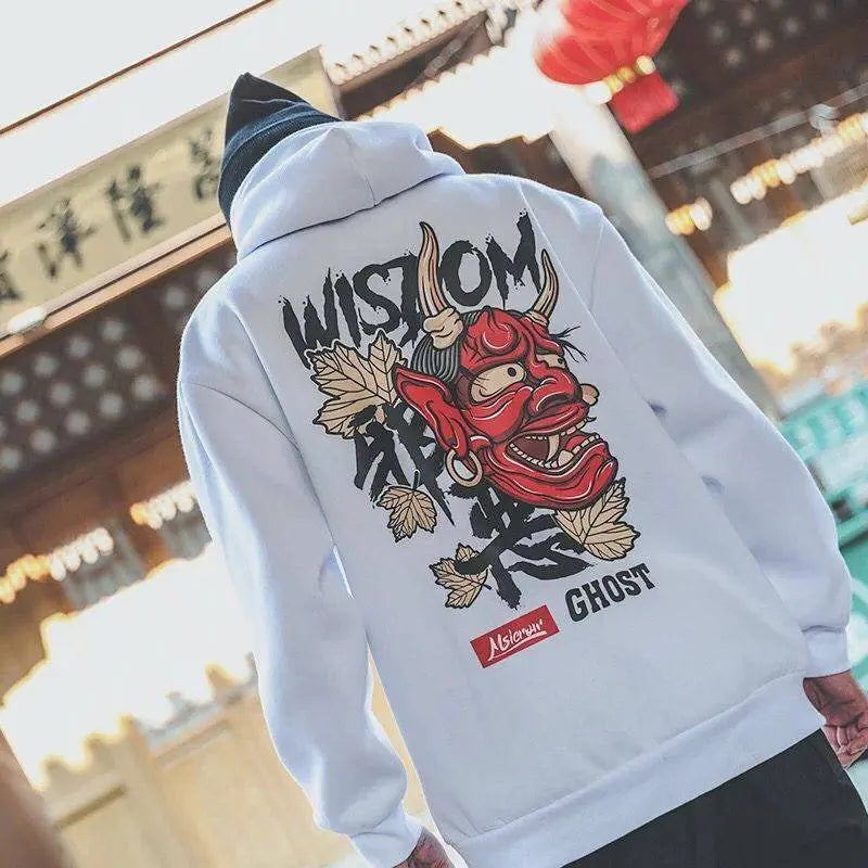 man wearing white japanese oni hoodie