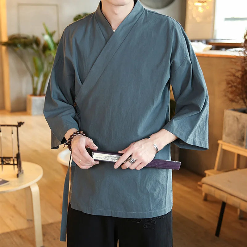man wearing gray traditional japanese kimono jacket