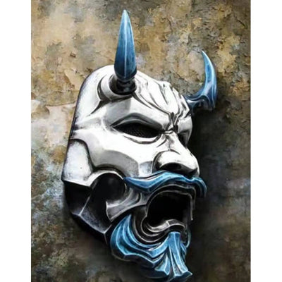white and blue japanese oni demon mask