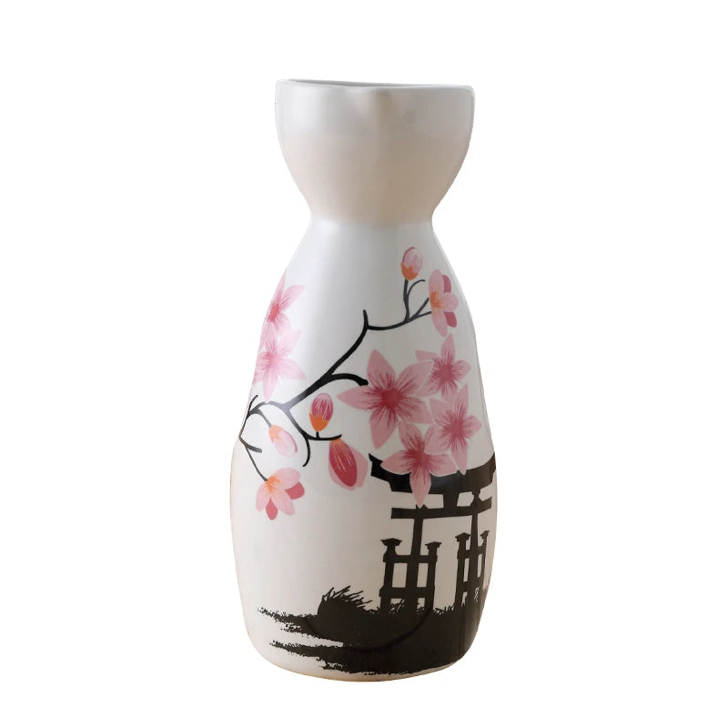 details of a bottle of a cherry blossom sake set