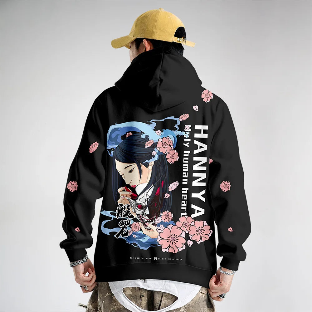 man wearing hannya hoodie