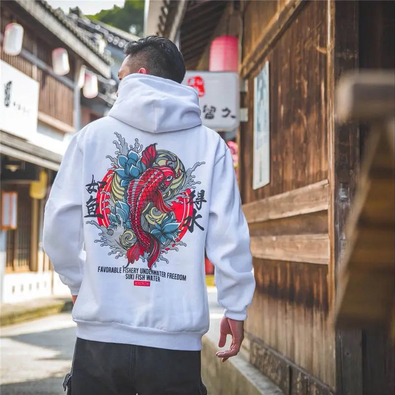 man wearing white koi fish hoodie in japan