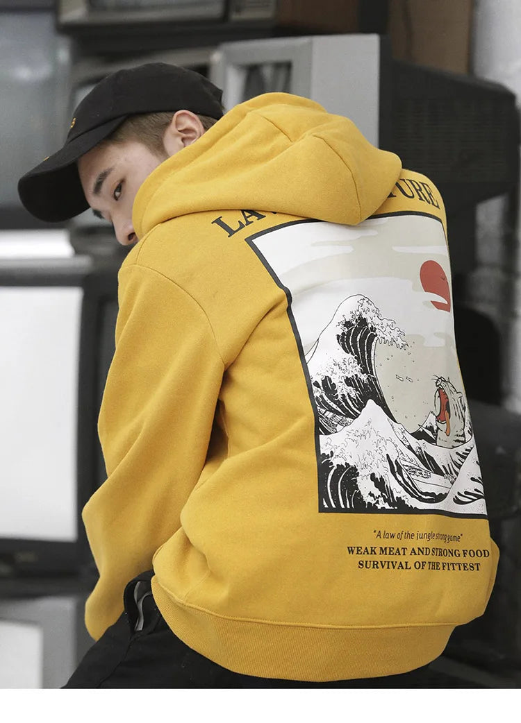 back of yellow law of nature hoodie