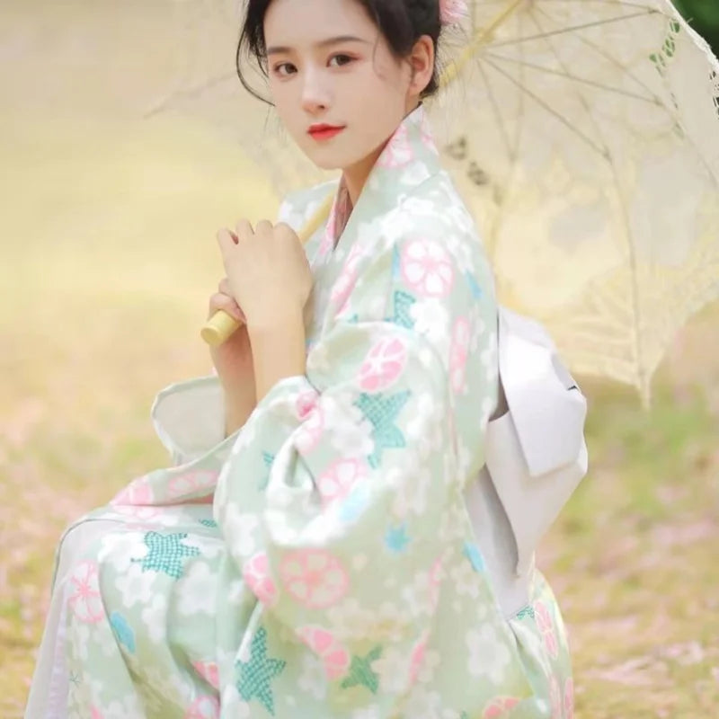 woman wearing green floral kimono robe