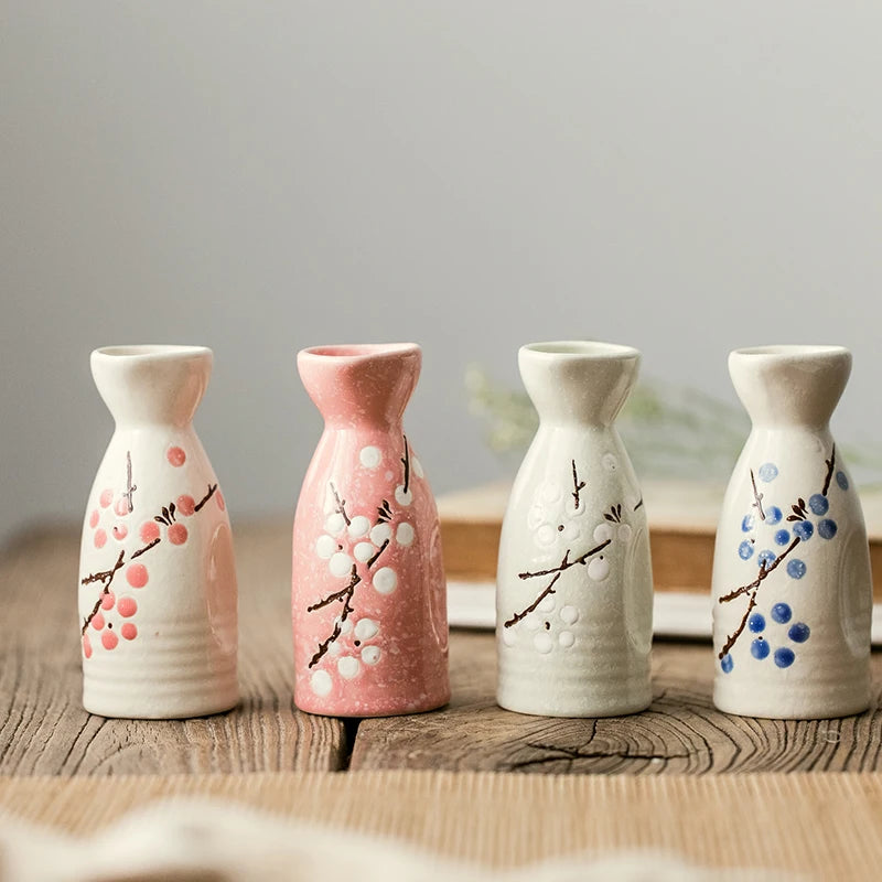 differents bottles of a sake set cherry blossom