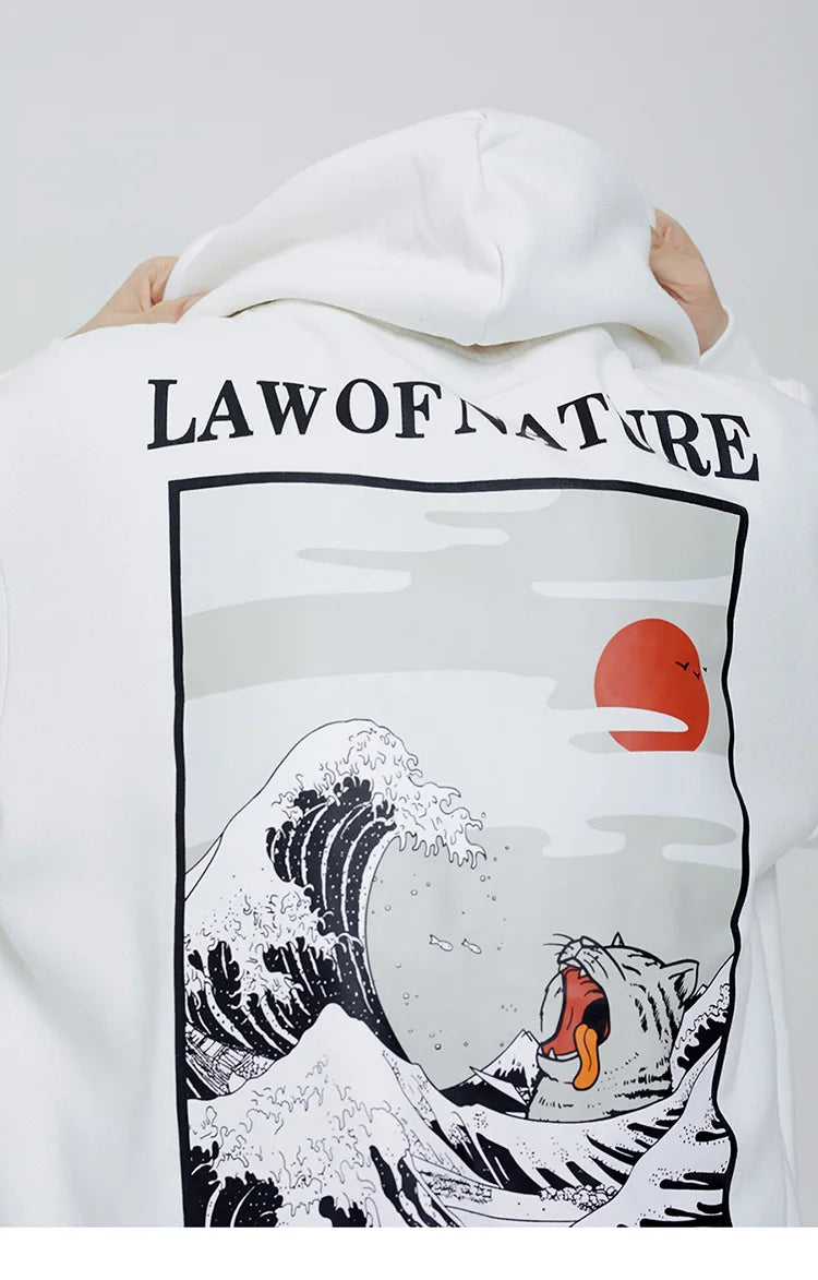 back of white law of nature hoodie