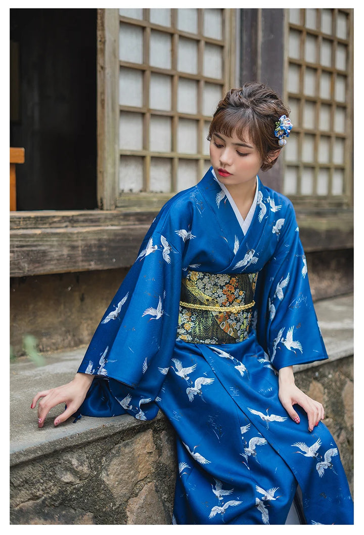 japanese woman wearing kimono with cranes