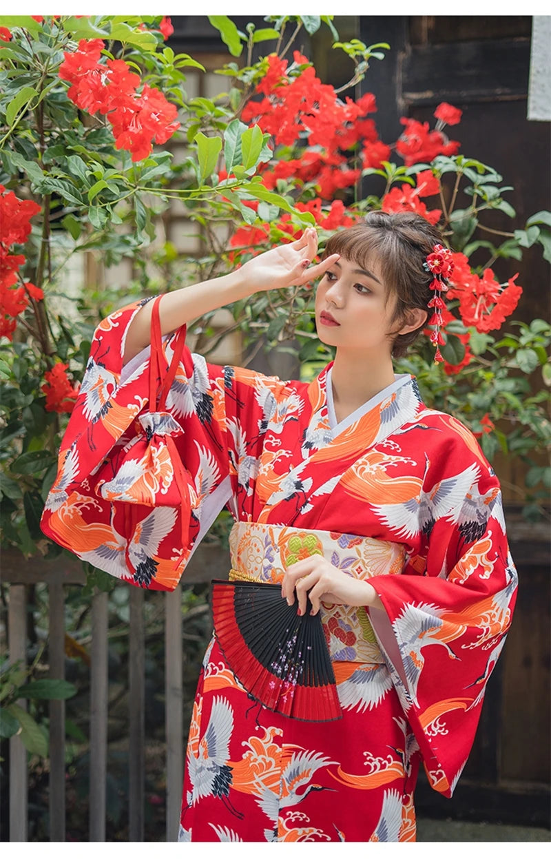 woman wearing japanese kimono crane