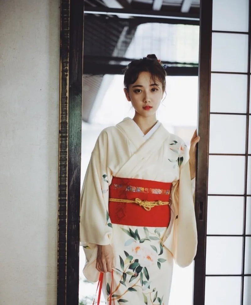 happy woman with white linen kimono