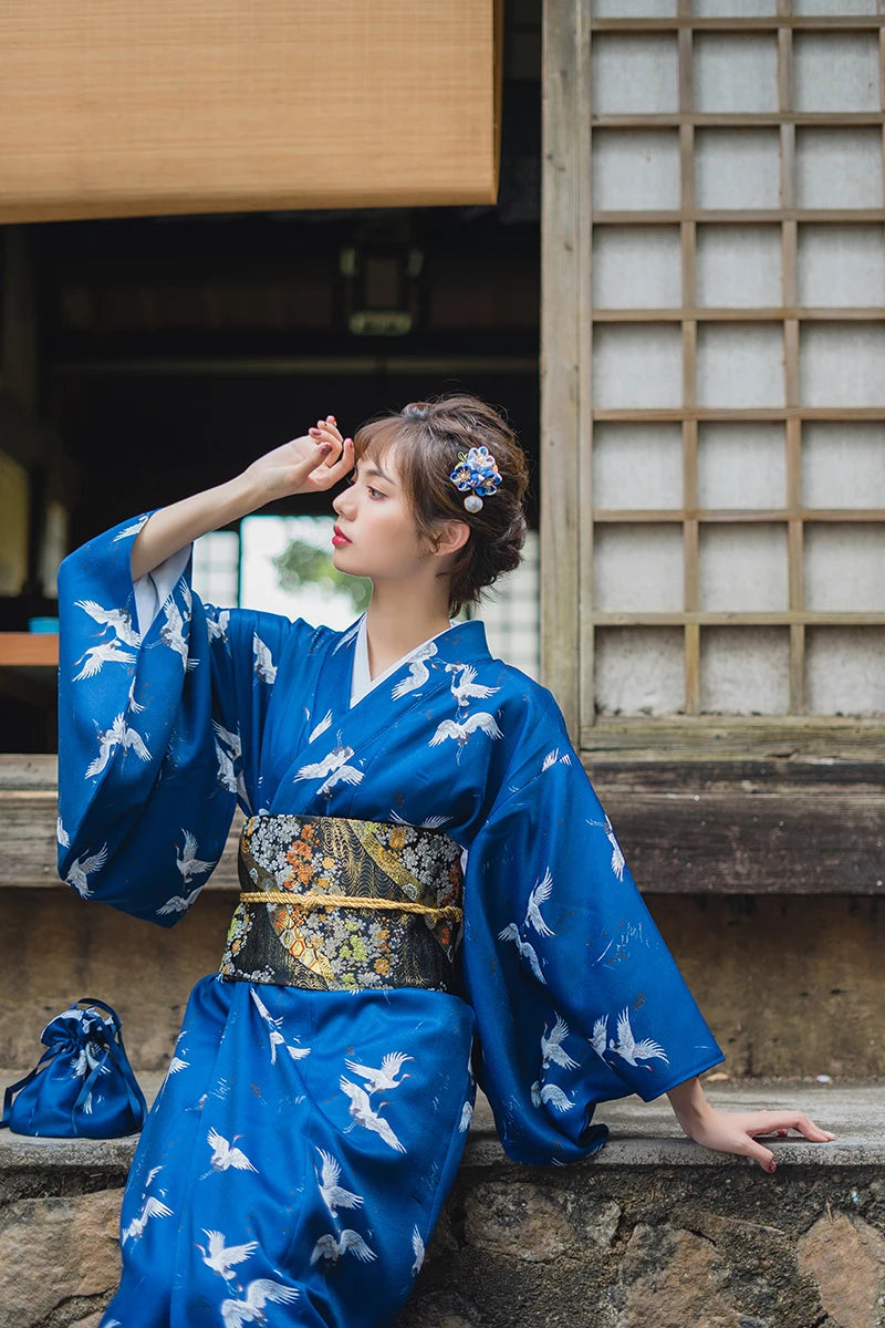 blue kimono with cranes