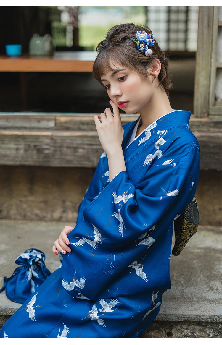 blue japanesekimono with cranes