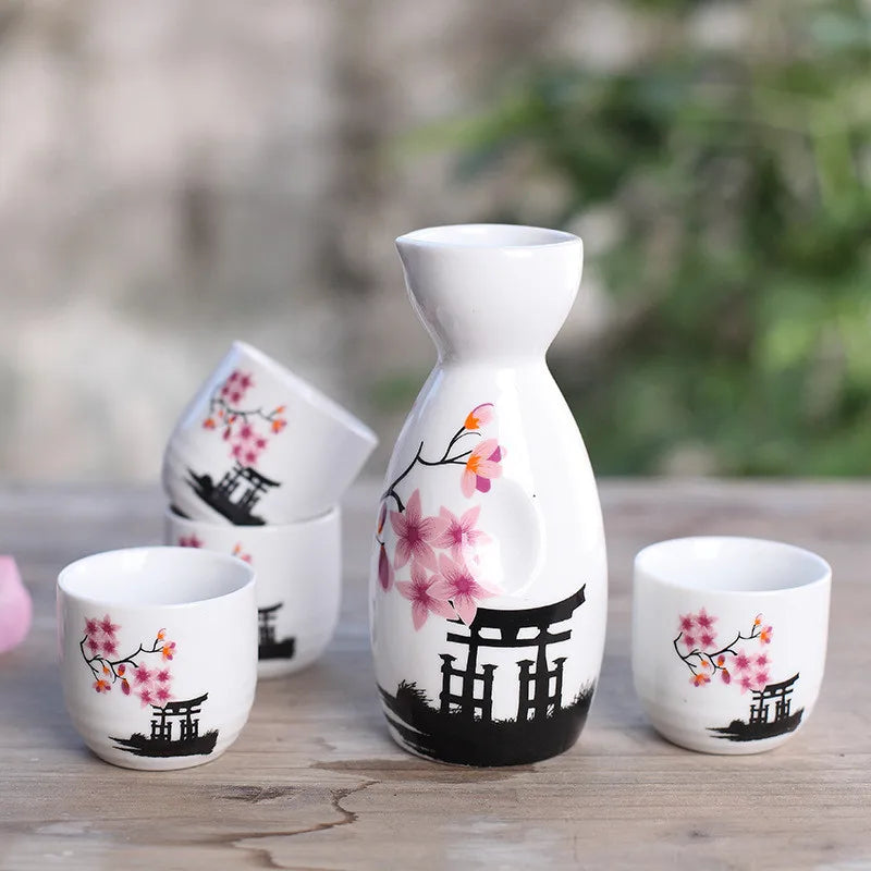 cup and bottles of cherry blossom sake set