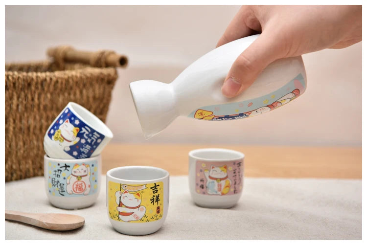 serving cat sake set