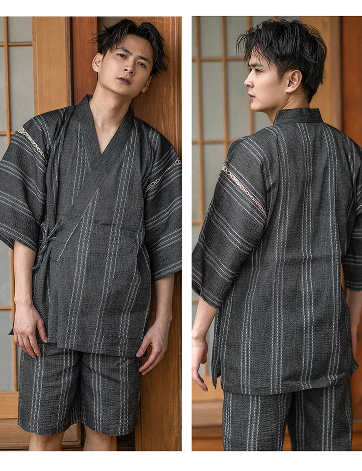 grey mens short kimono robe