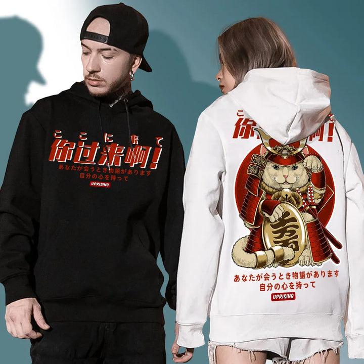 man and woman wearing japanese maneki neko hoodie