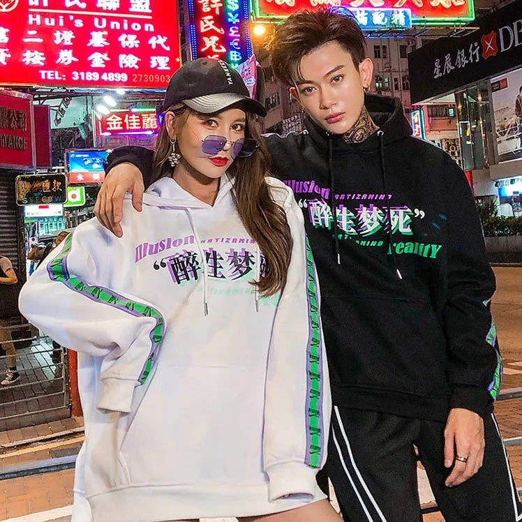 man and woman wearing japanese retro hoodie