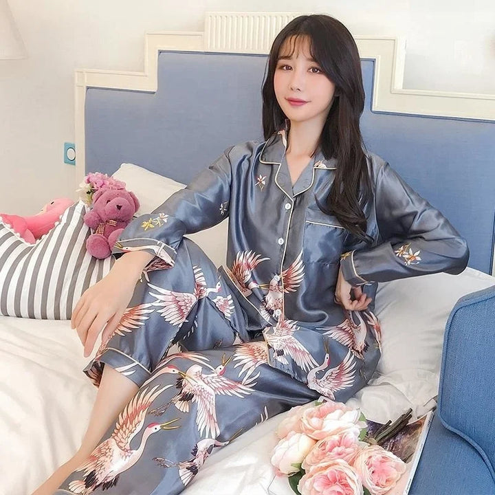 woman wearing japanese silk pyjamas