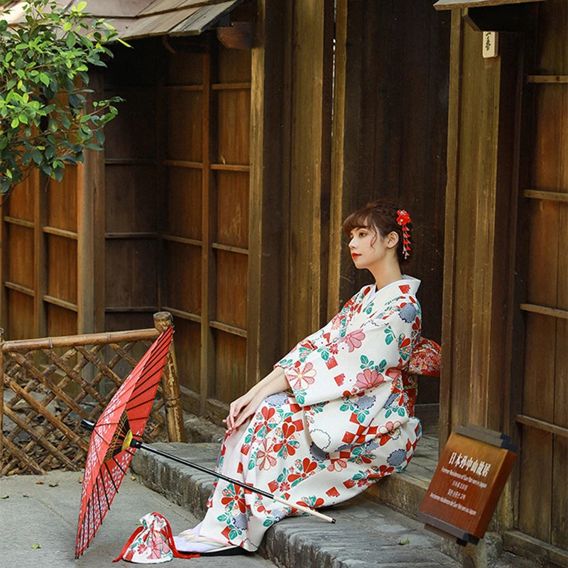 long white kimono robe with motifs