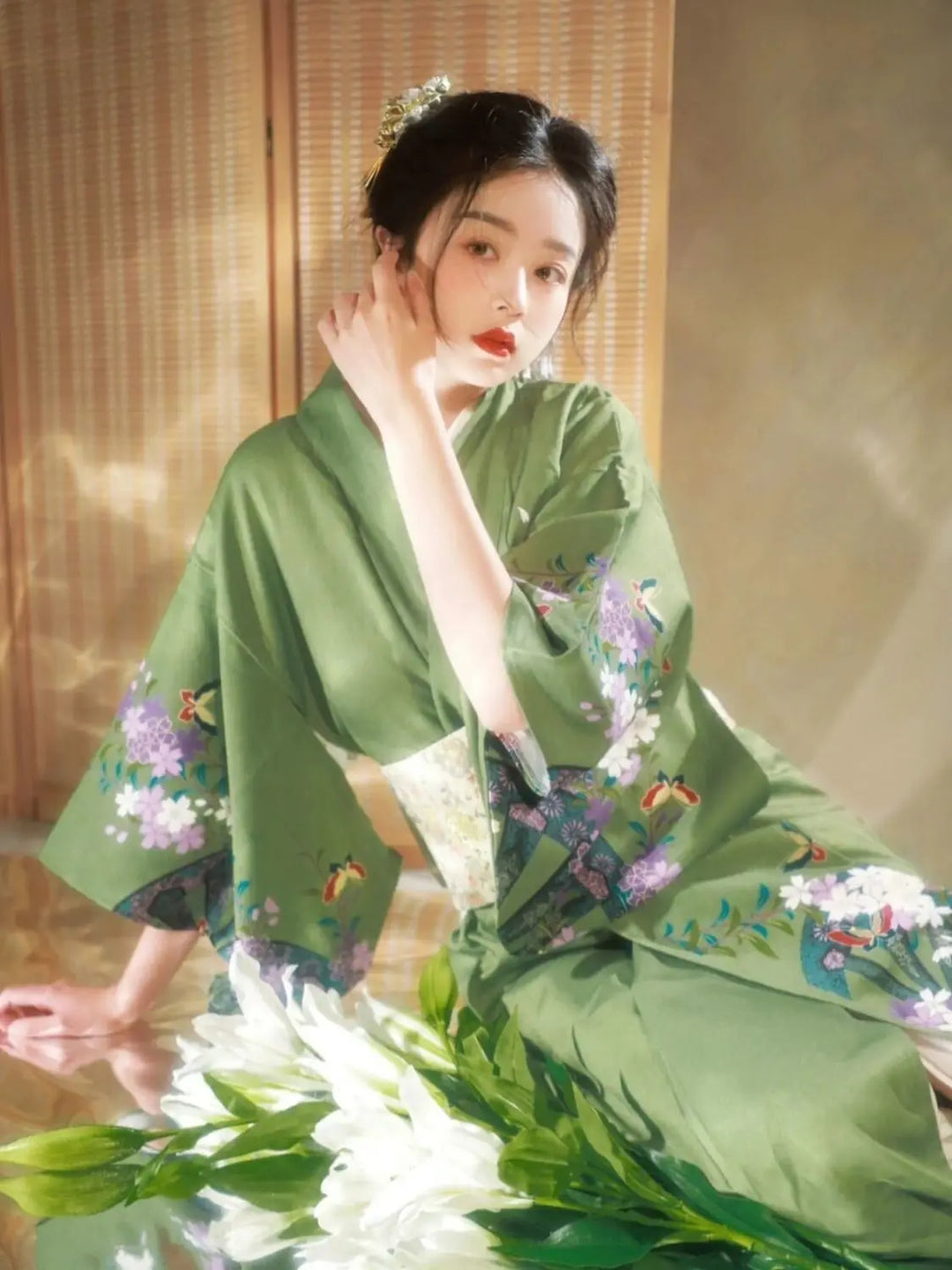 woman wearing green kimono robe