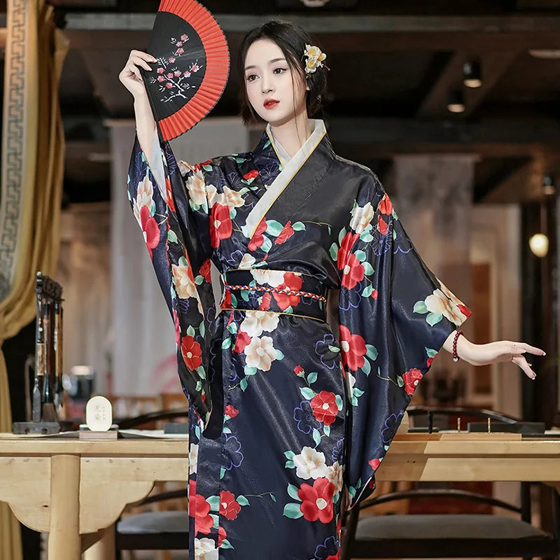 black floral kimono robe