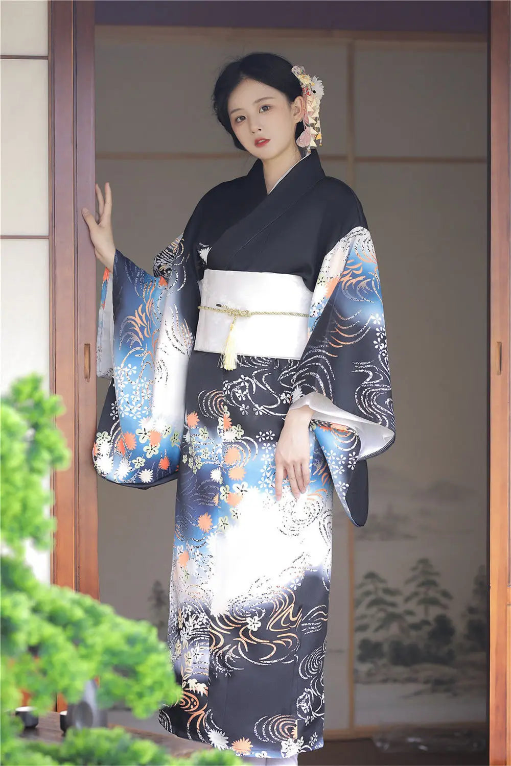 shy woman with black japanese kimono robe