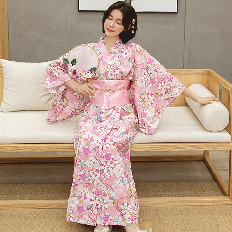premium pink floral silky kimono robe on white with pockets