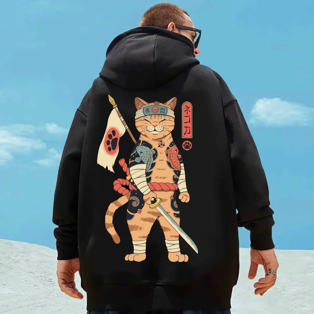 back of a samurai cat black hoodie