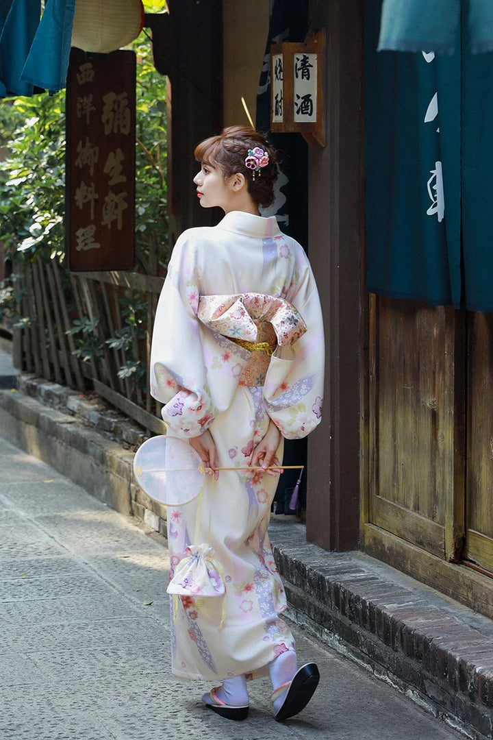 back of white floral kimono robe