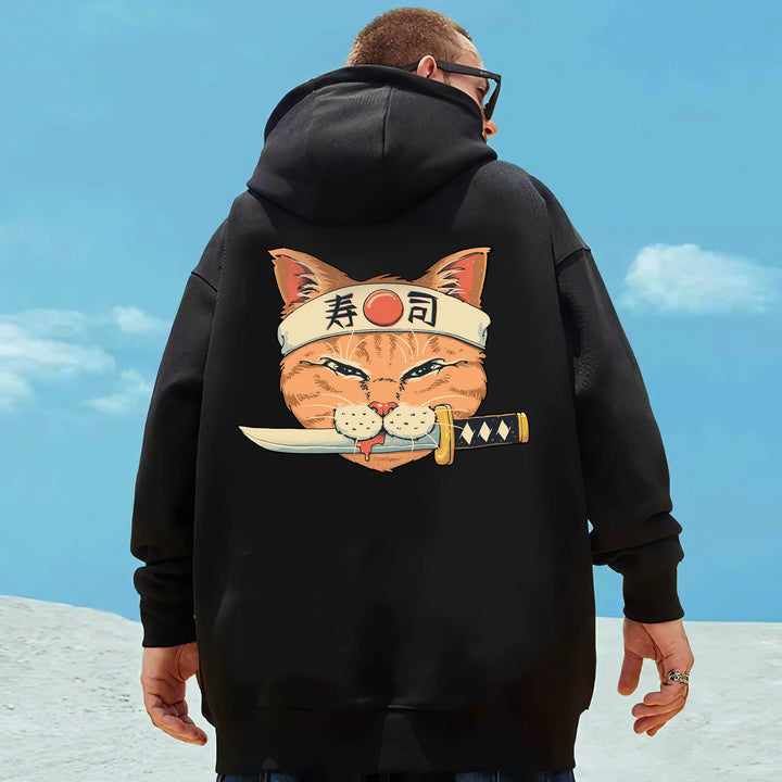 samurai cat hoodie with a kinfe