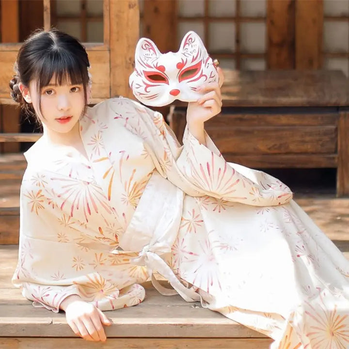 bored woman wearing yellow silk kimono robe