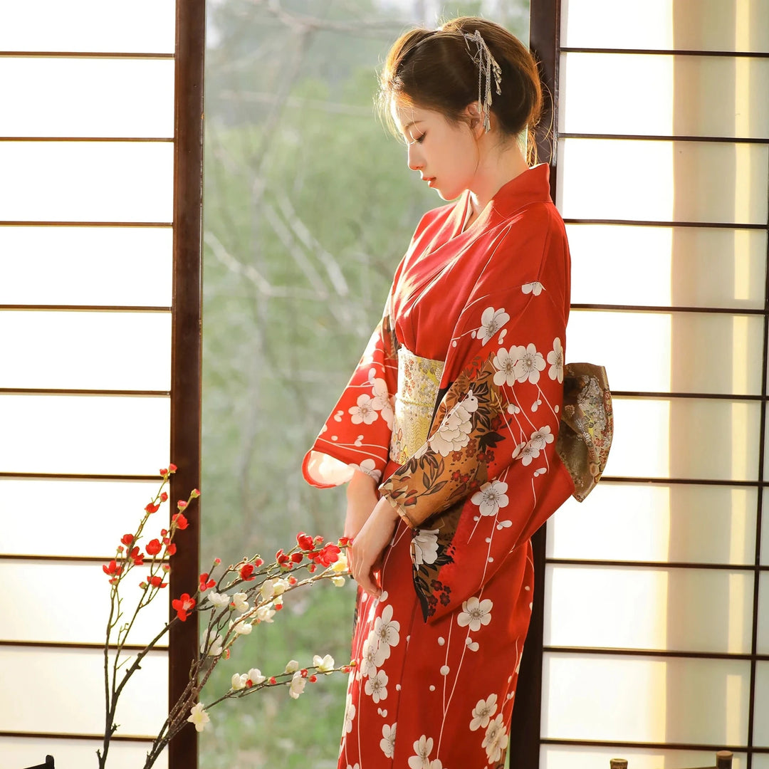 japanese woman with red japanese kimono robe