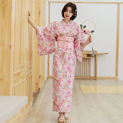 pink watercolor floral silky kimono robe on pink