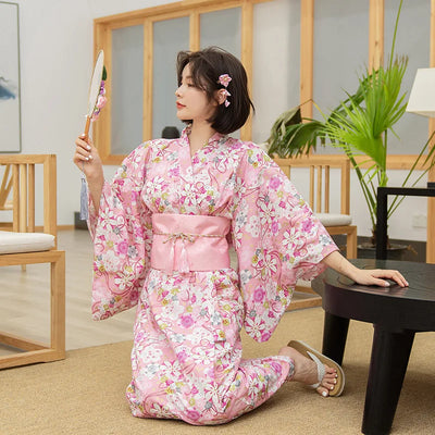 pink watercolor floral silky kimono robe on white
