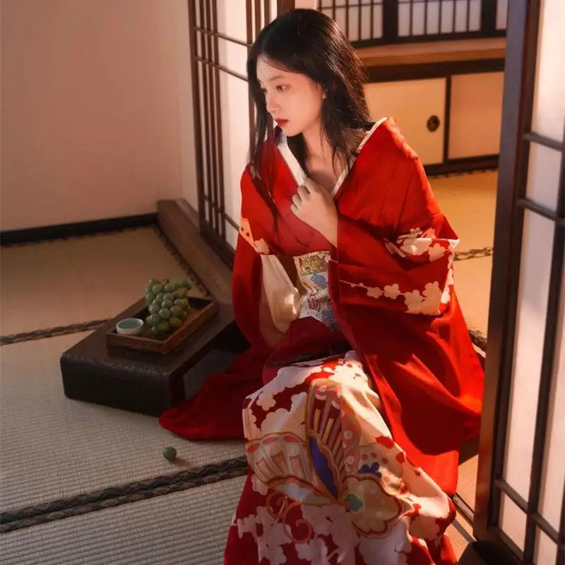 red kimono robe with flowers