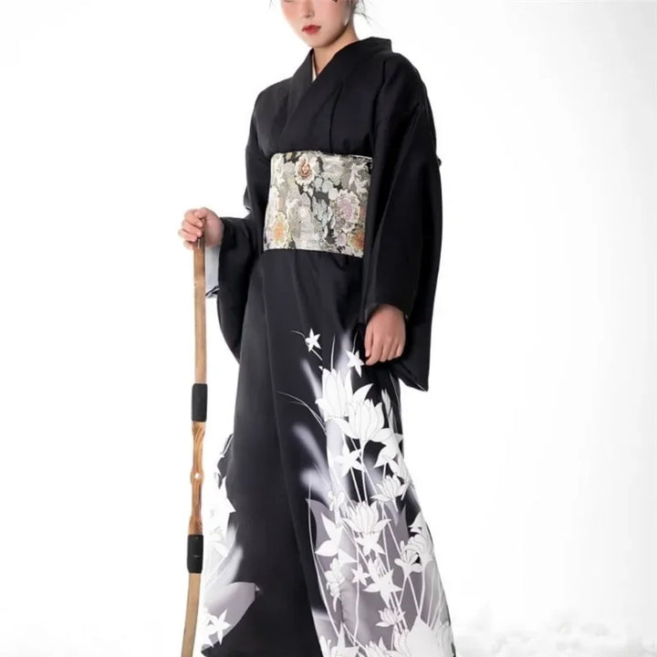 details of black japanese kimono