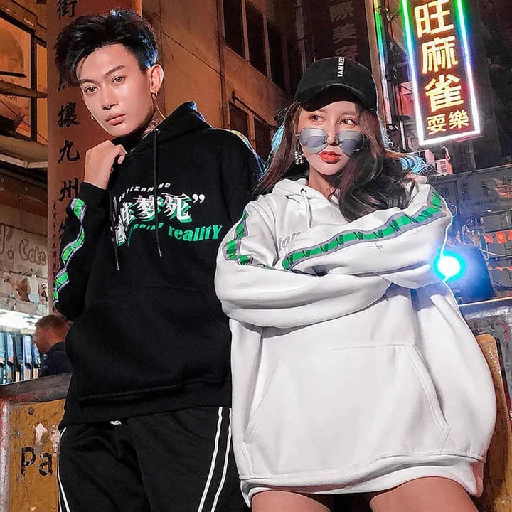 japanese man and woman with japanese retro hoodie