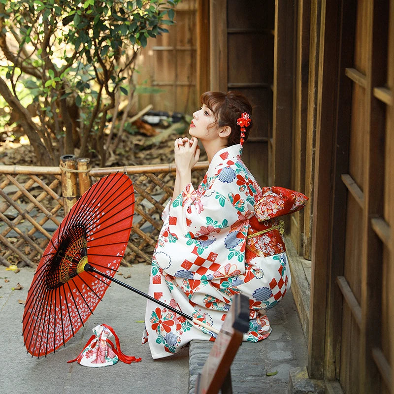 long white kimono robe with japanese motifs