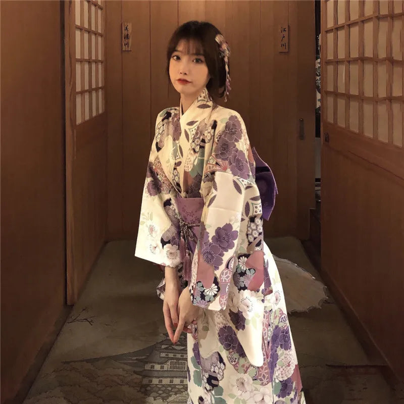 woman wearing purple floral kimono